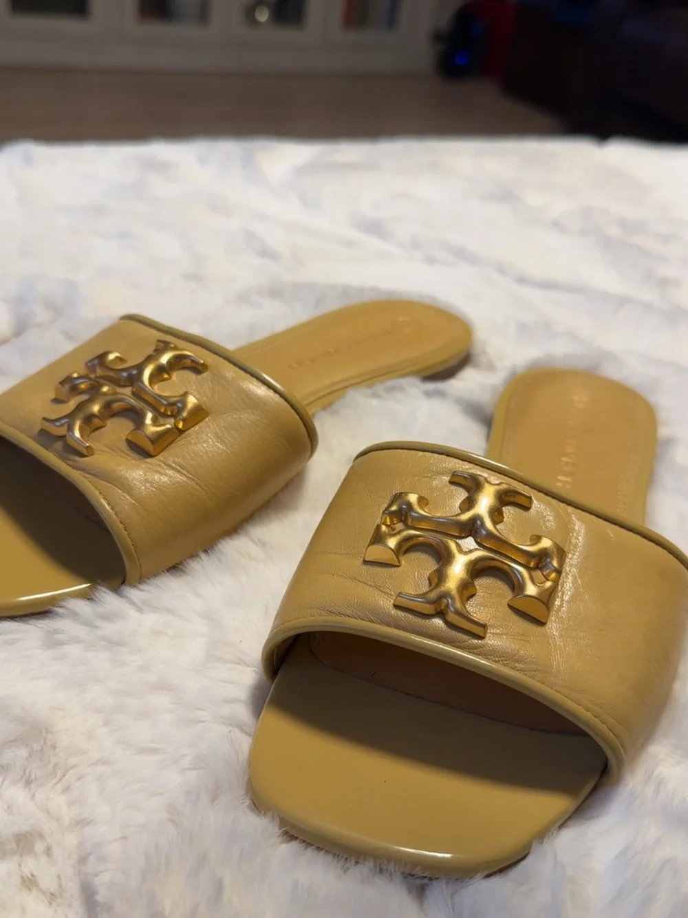 Tory Burch Caramel Leather Slide Sandals with Gold Logo